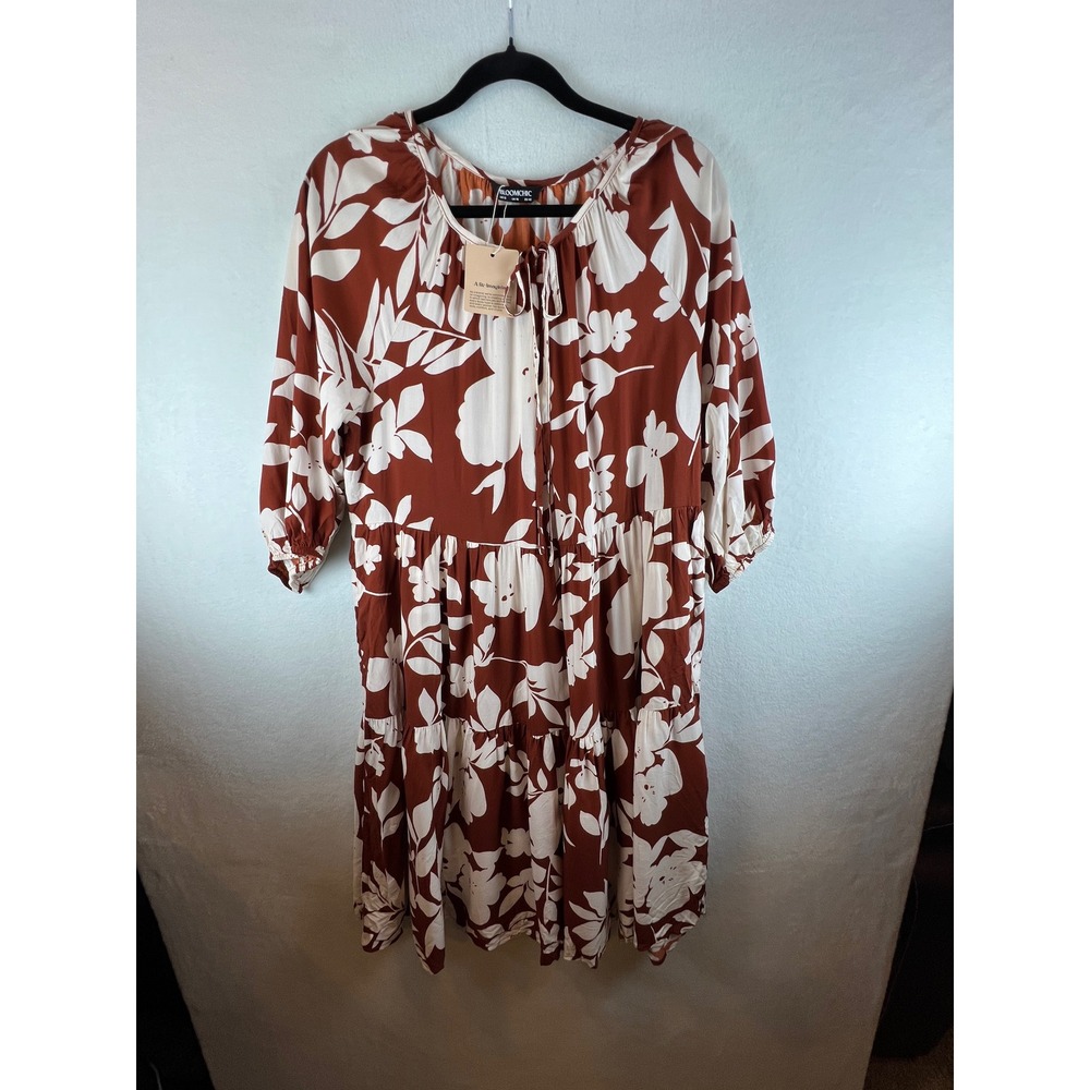 Bloomchic Rust Floral Tiered Midi Dress Womens 12 Boho Keyhole Neck Rayon NWT